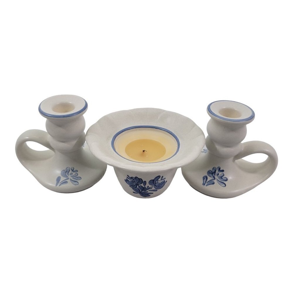 Pfaltzgraff Yorktowne 3 Piece Stoneware Candle Sticks & Candle Pillar Holder